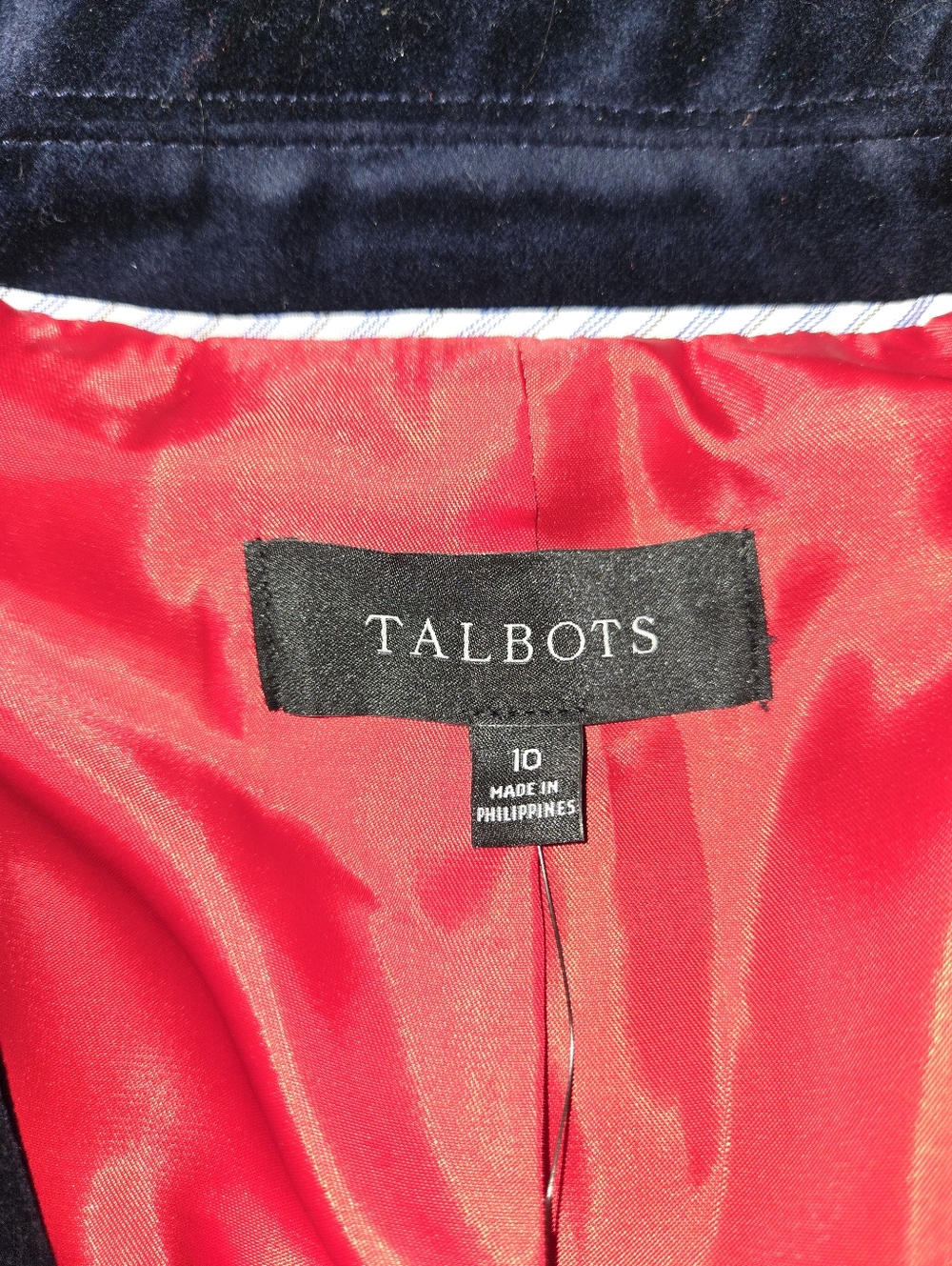Talbots Navy Velvet Feel Blazer Red Lining NWT Size 10 Cotton Preppy Career Chic - Picture 2 of 6